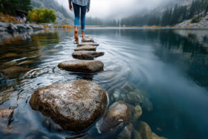 Woman walking across a path of rocks through water.